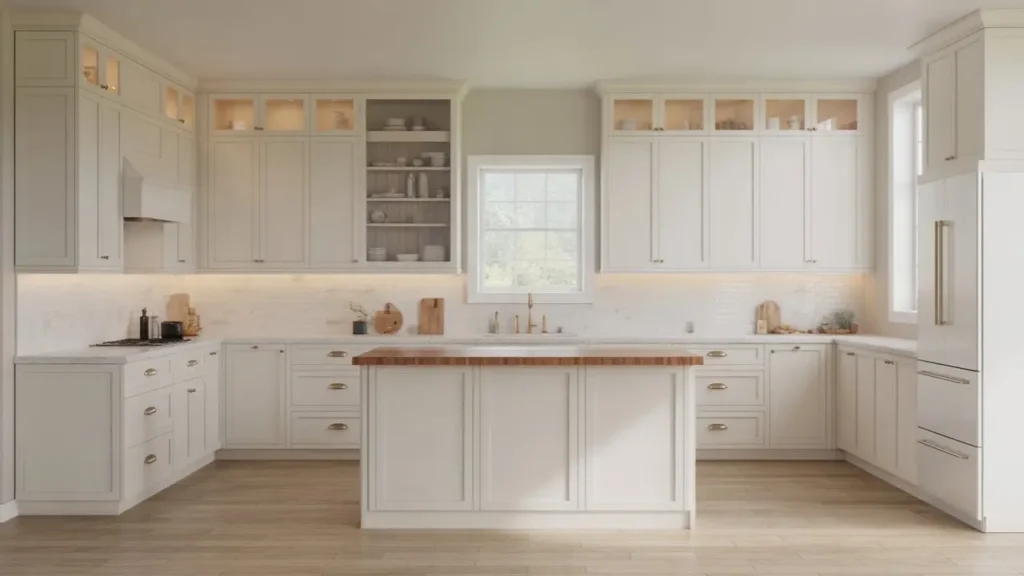 A harmonious kitchen design in Cleveland featuring uniform off-white cabinetry and a butcher block island, demonstrating consistent finishes and layout planning.