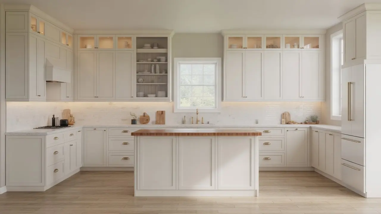 A harmonious kitchen design in Cleveland featuring uniform off-white cabinetry and a butcher block island, demonstrating consistent finishes and layout planning.