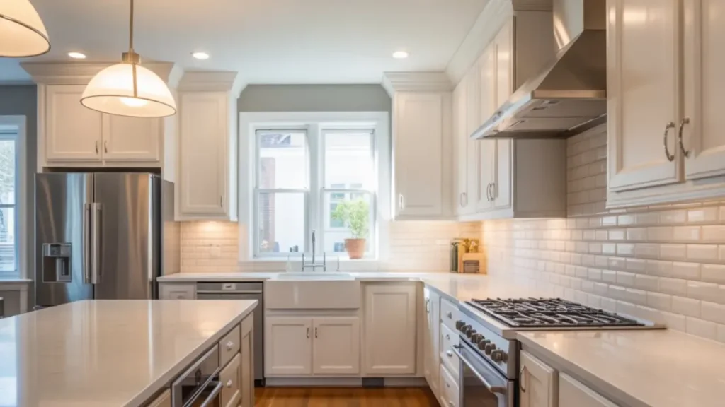 A high-quality kitchen installation featuring level cabinetry, white subway tile, and professional appliance integration.