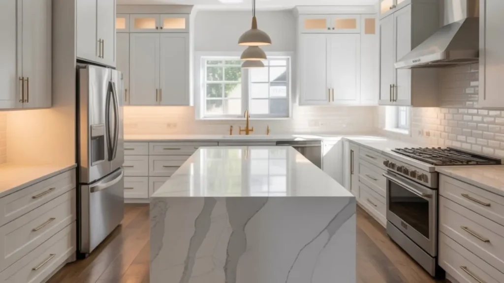 Modern open-plan kitchen remodel featuring a high-capacity stainless steel range hood for improved indoor air quality.