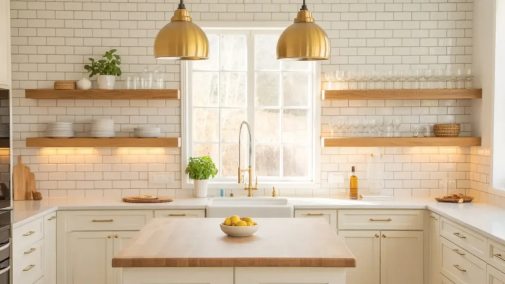 Modern remodeled kitchen featuring a white subway tile backsplash, durable quartz countertops, and a scratch-resistant butcher block island.