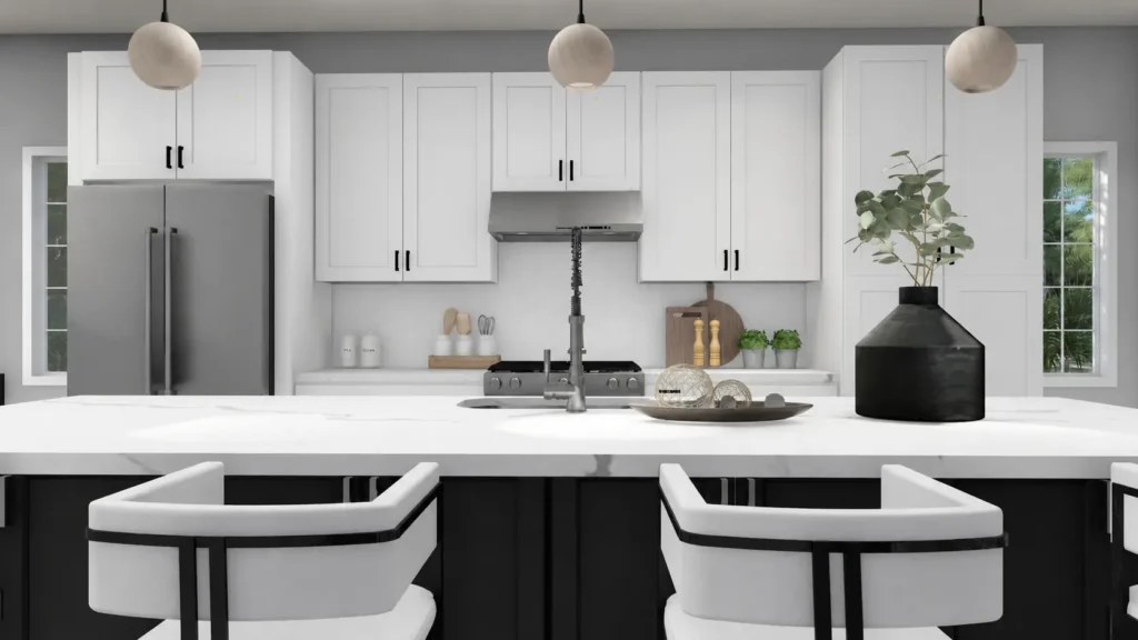 Modern kitchen featuring white shaker cabinets, an open countertop workspace, smart cabinet storage, and an efficient layout designed to maximize usable counter space.