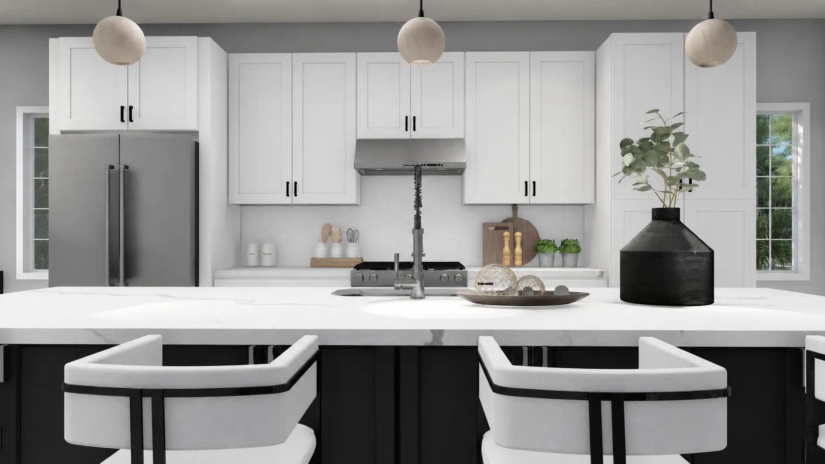 Modern kitchen featuring white shaker cabinets, an open countertop workspace, smart cabinet storage, and an efficient layout designed to maximize usable counter space.