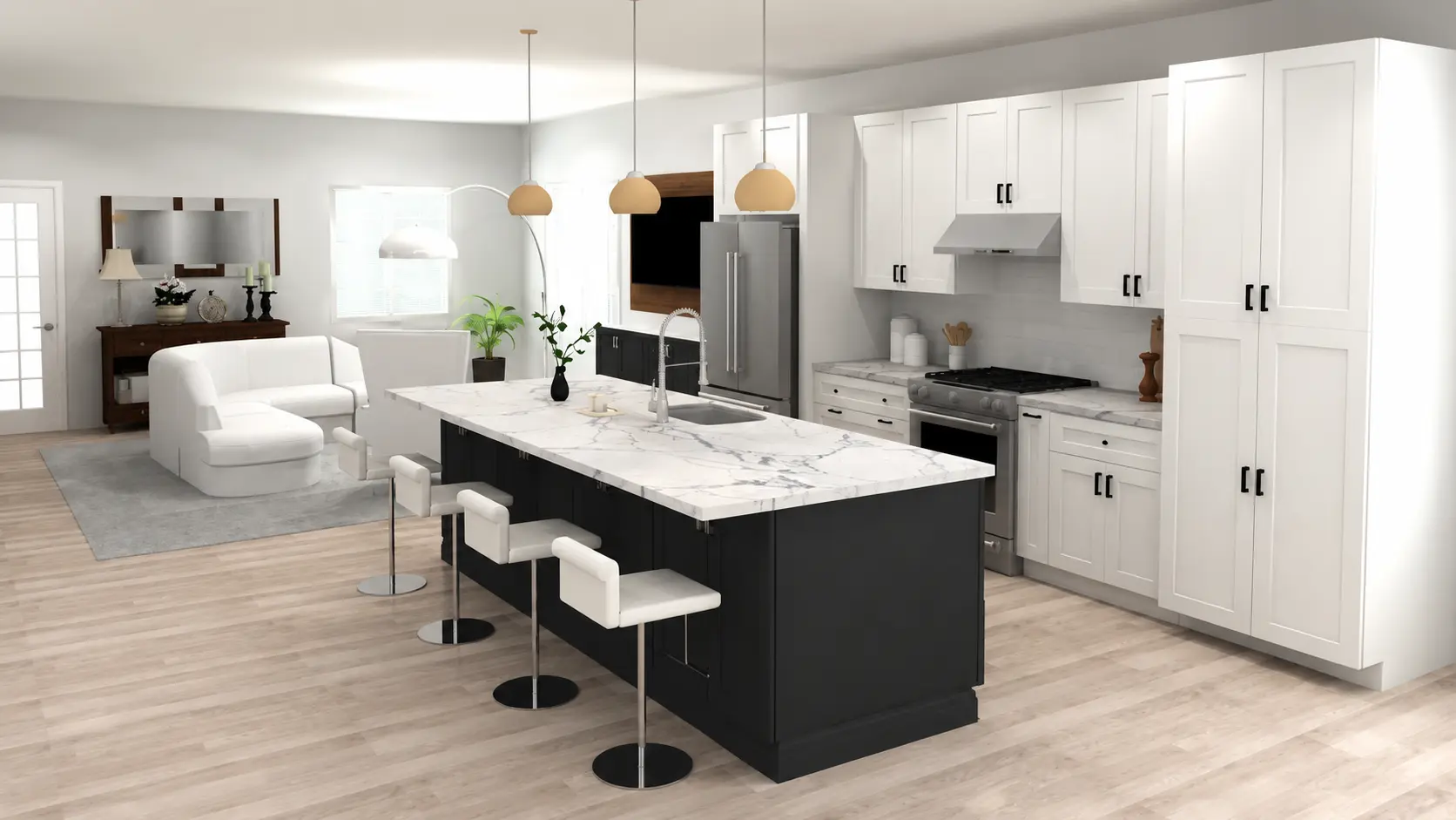Modern kitchen featuring white shaker cabinets, a large waterfall island, smart storage solutions, and an open layout designed for comfortable everyday use
