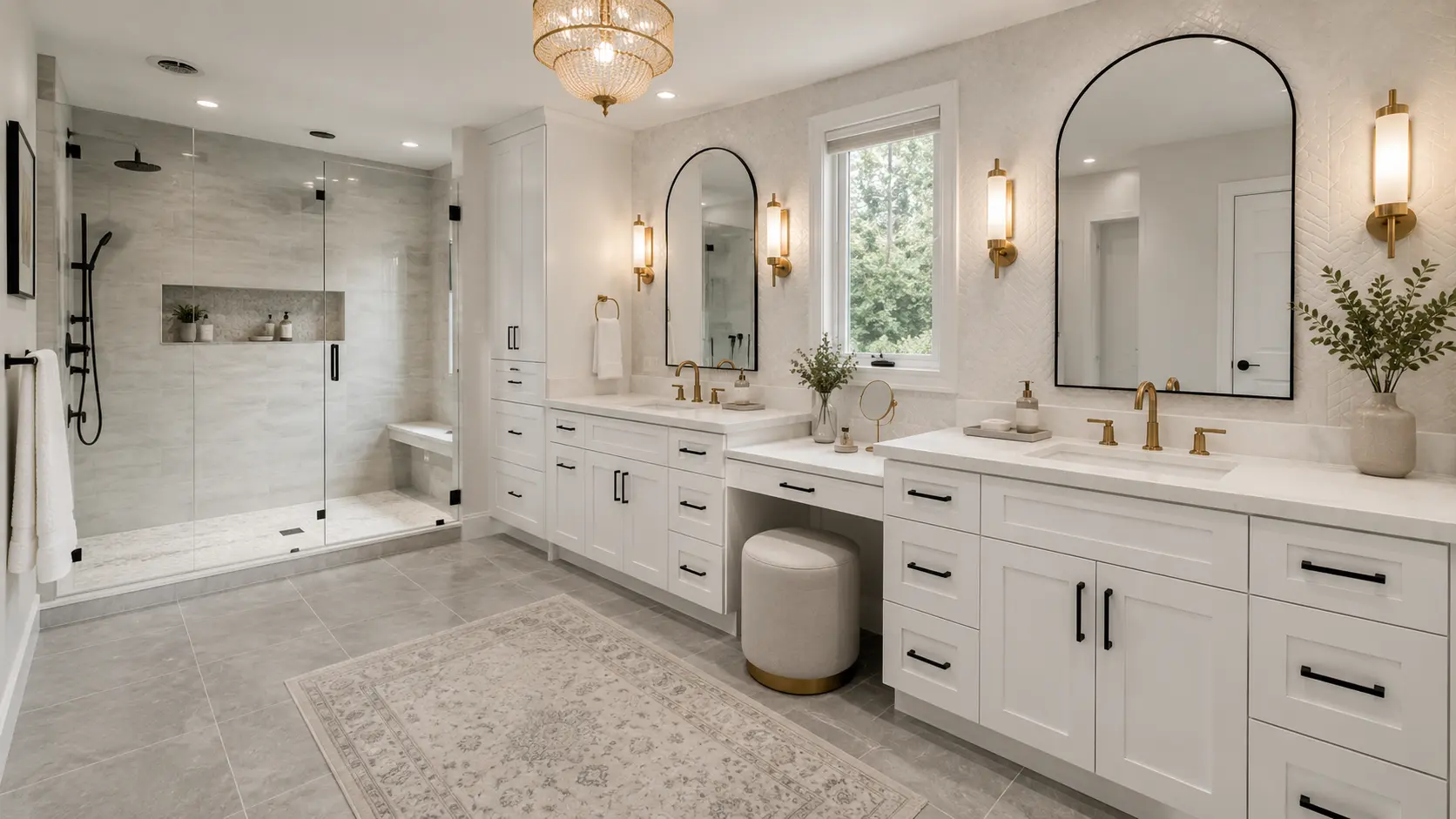 Bathroom with moisture-resistant vanity cabinets, walk-in glass shower, proper ventilation, waterproof finishes, and organized storage for long-lasting durability.