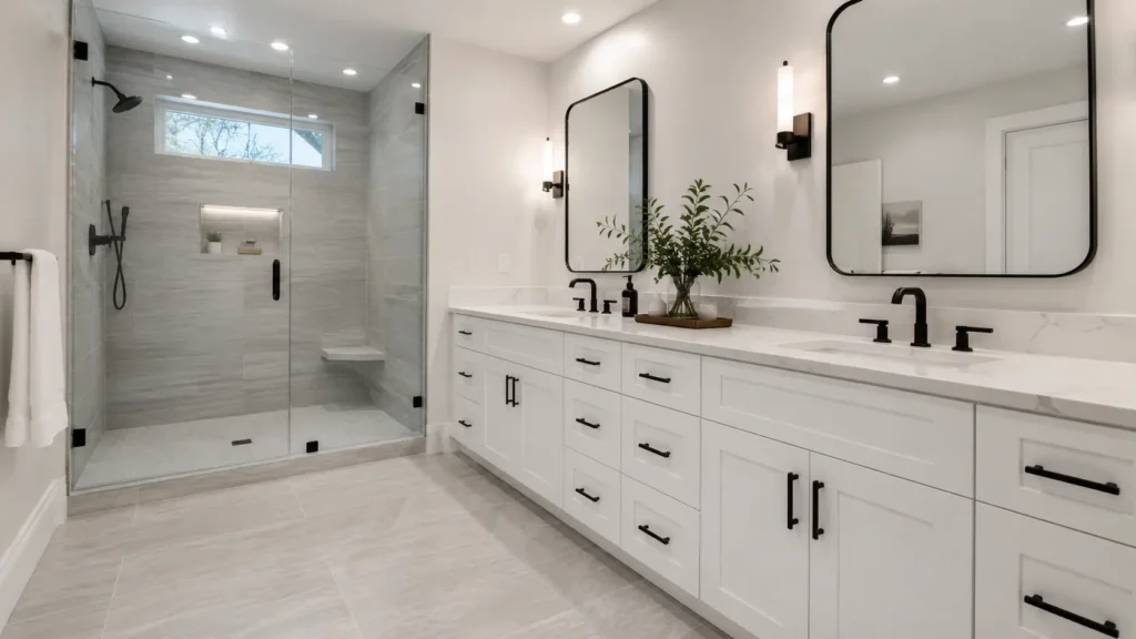Bathroom with double vanity, built-in storage cabinets, recessed organization, tall linen cabinet, quartz countertop, and walk-in shower designed for efficient space utilization.