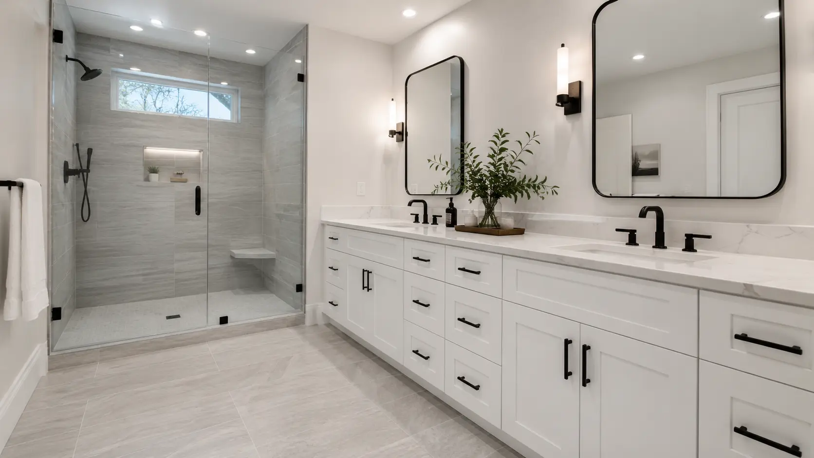 Bathroom with double vanity, built-in storage cabinets, recessed organization, tall linen cabinet, quartz countertop, and walk-in shower designed for efficient space utilization.