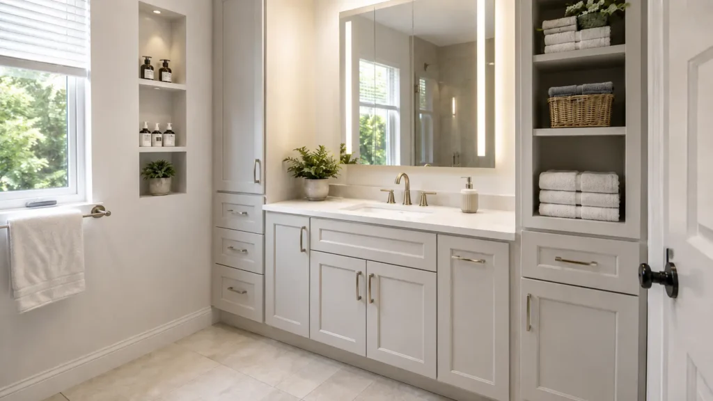 Small bathroom remodeling in Cleveland with vanity drawers, vertical storage, shelves, and recessed cabinet features.