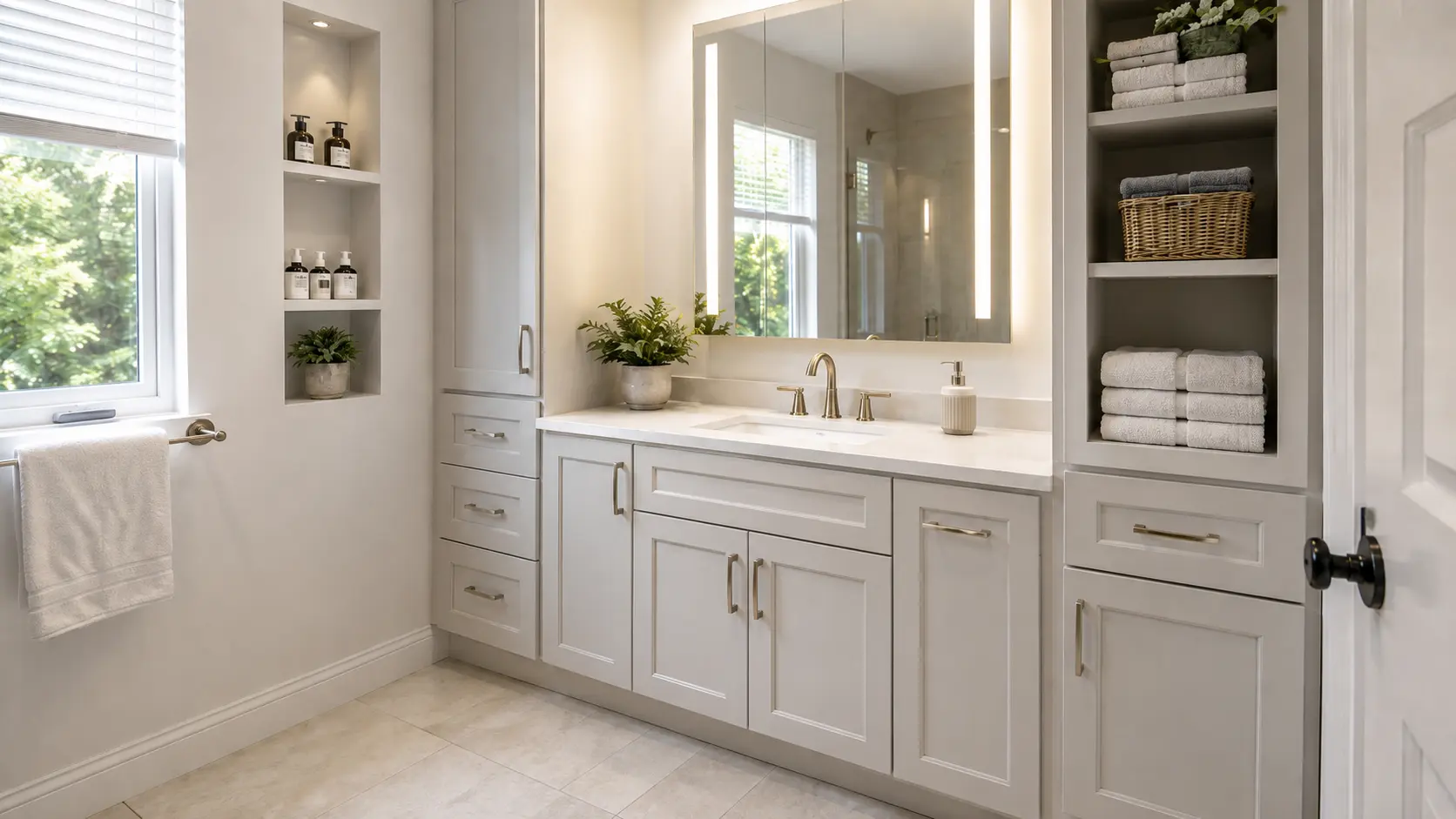 Small bathroom remodeling in Cleveland with vanity drawers, vertical storage, shelves, and recessed cabinet features.