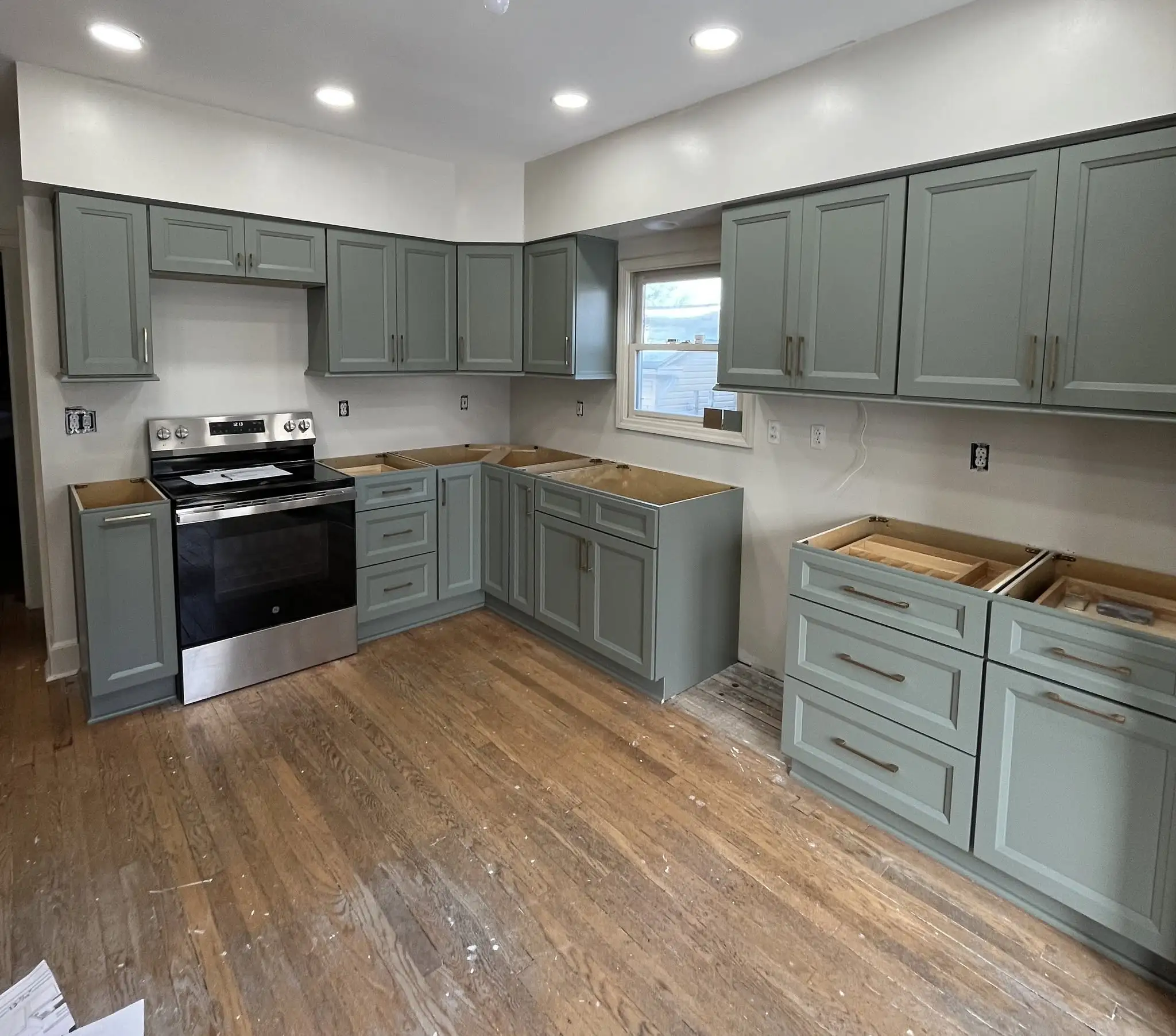 Bevel green kitchen cabinet set fitted in a Parma Ohio kitchen