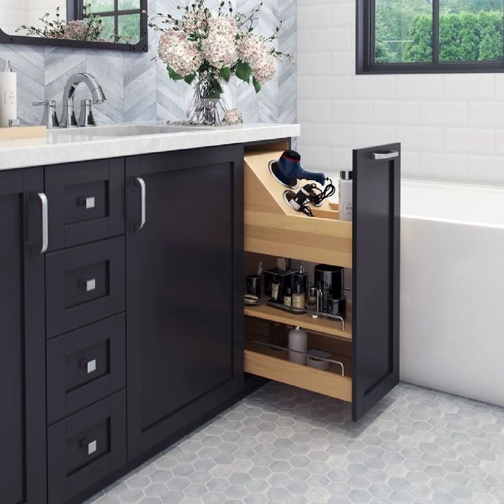 Black cabinet with pullout storage in a Rocky River Ohio kitchen