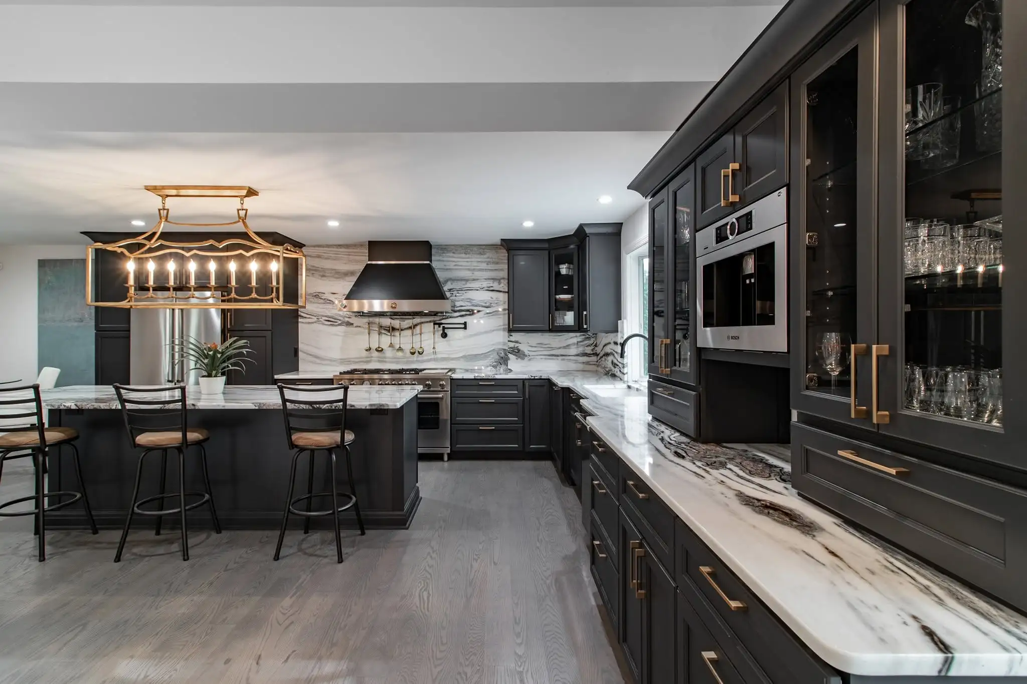 Dark kitchen cabinets with an island in a Rocky River Ohio home