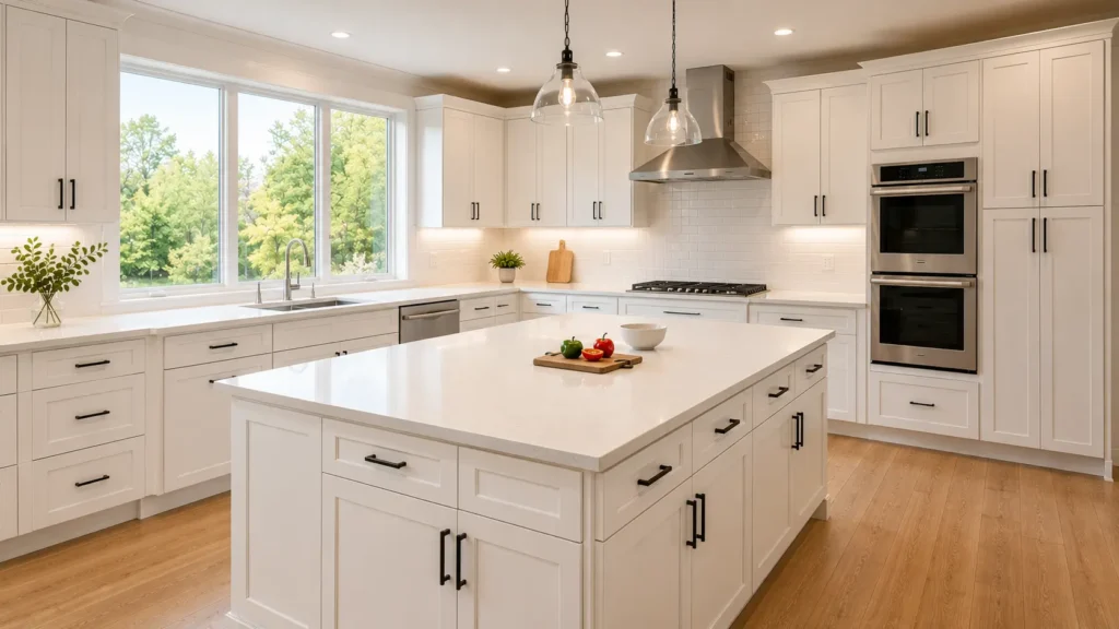 Modern kitchen with an L-shaped layout, large island, and long uninterrupted countertops illustrating layout changes that maximize counter space during kitchen remodeling in Cleveland.