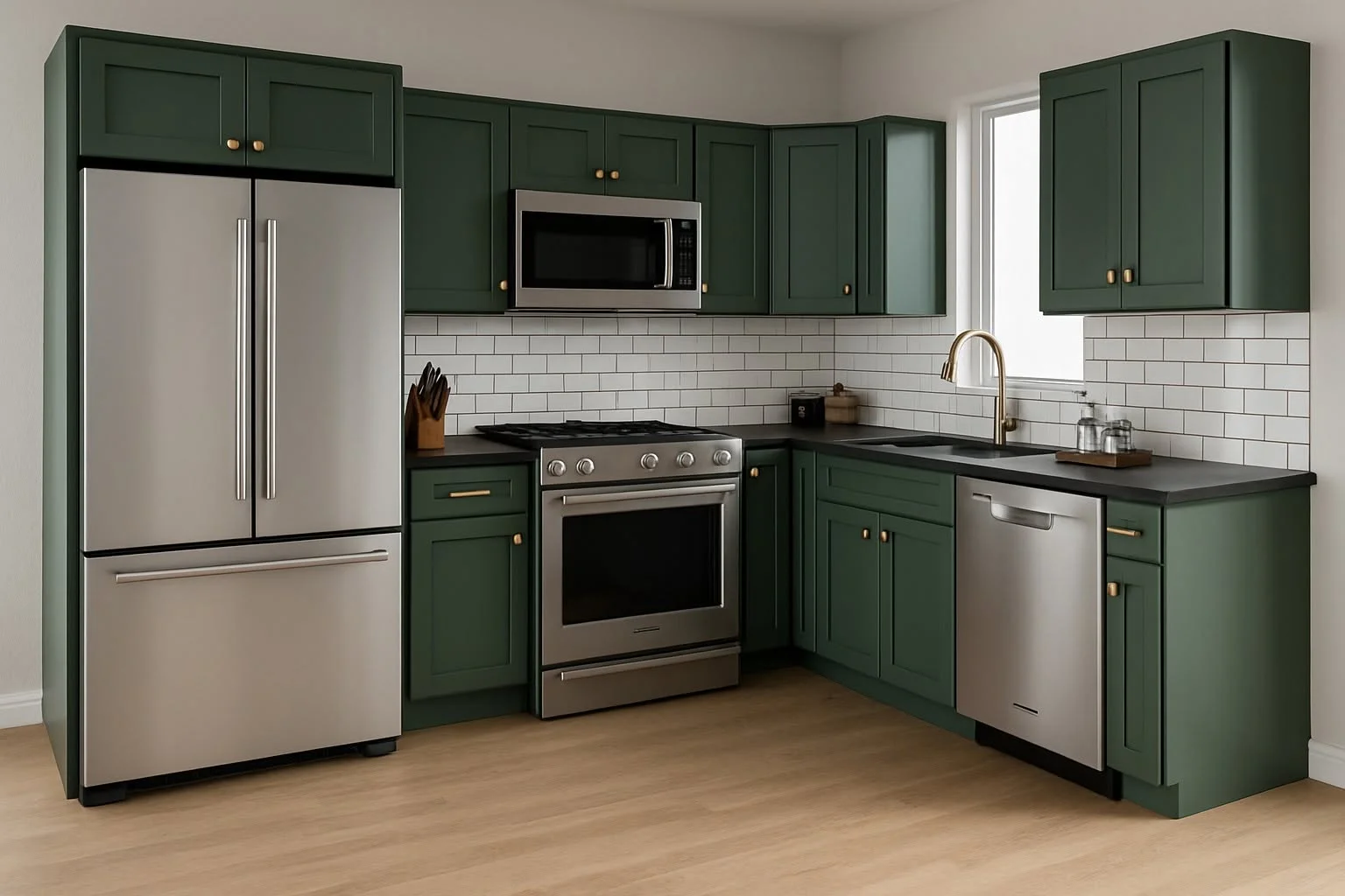 Small green kitchen cabinets in a compact Bay Village Ohio kitchen