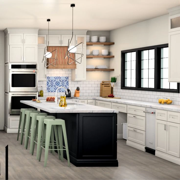 White kitchen with a dark island in a Rocky River Ohio remodel