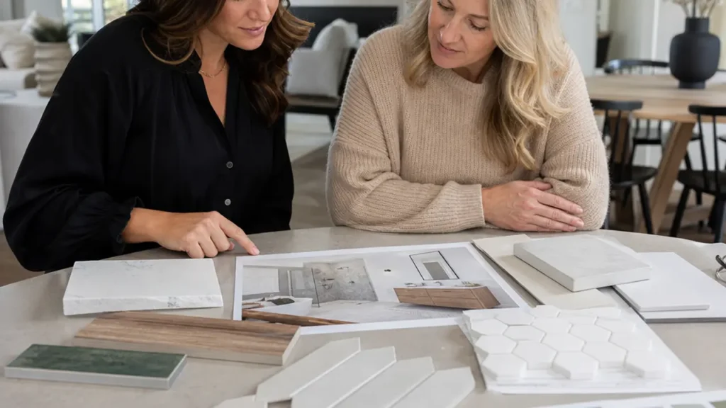 Designer and homeowner reviewing bathroom remodel plans and material samples in Cleveland
