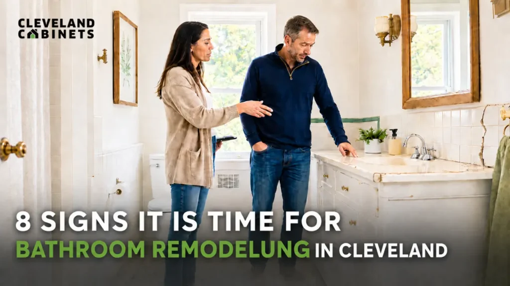 Homeowner and designer reviewing a dated bathroom during bathroom remodeling in Cleveland, Ohio