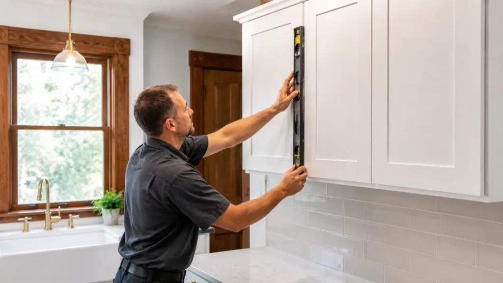 Craftsman using a level to check newly installed white upper kitchen cabinets in an older home
