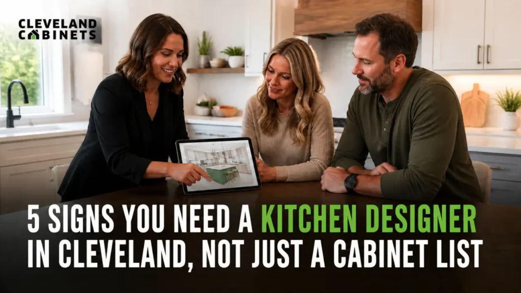 Kitchen designer and homeowners reviewing a 3D kitchen rendering at a Cleveland showroom table