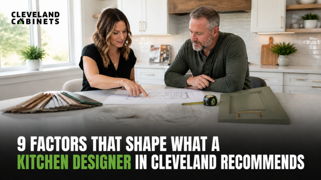 Kitchen designer reviewing a floor plan and material samples with a homeowner at a Cleveland showroom table