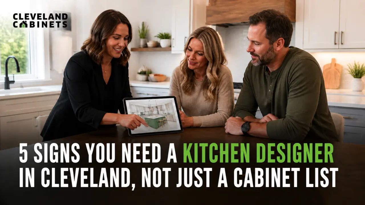 Kitchen designer and homeowners reviewing a 3D kitchen rendering at a Cleveland showroom table