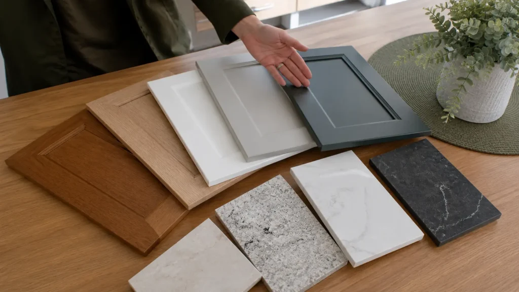Close-up of cabinet finish and countertop material samples on a showroom table
