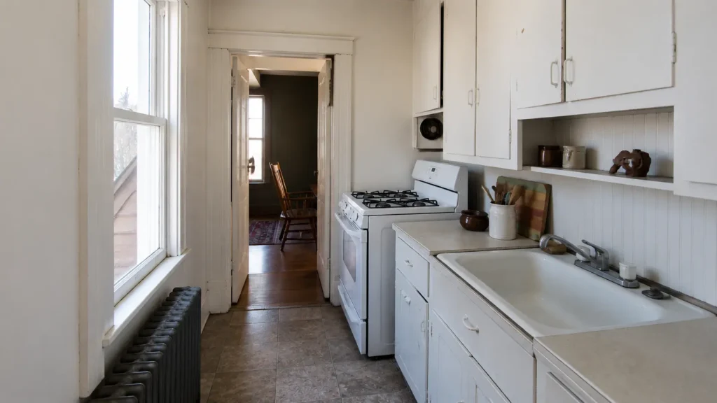 Dated, cramped kitchen in an older Cleveland area home with limited counter space