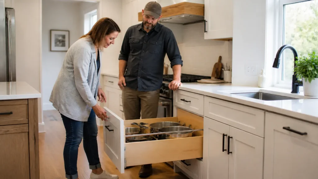 Homeowner checking a deep pot drawer with a craftsman during the final walkthrough of a finished kitchen