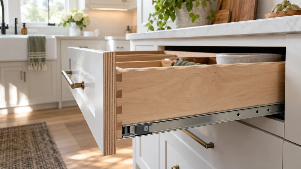 Close-up of a plywood cabinet drawer box with dovetail joinery and soft-close slides