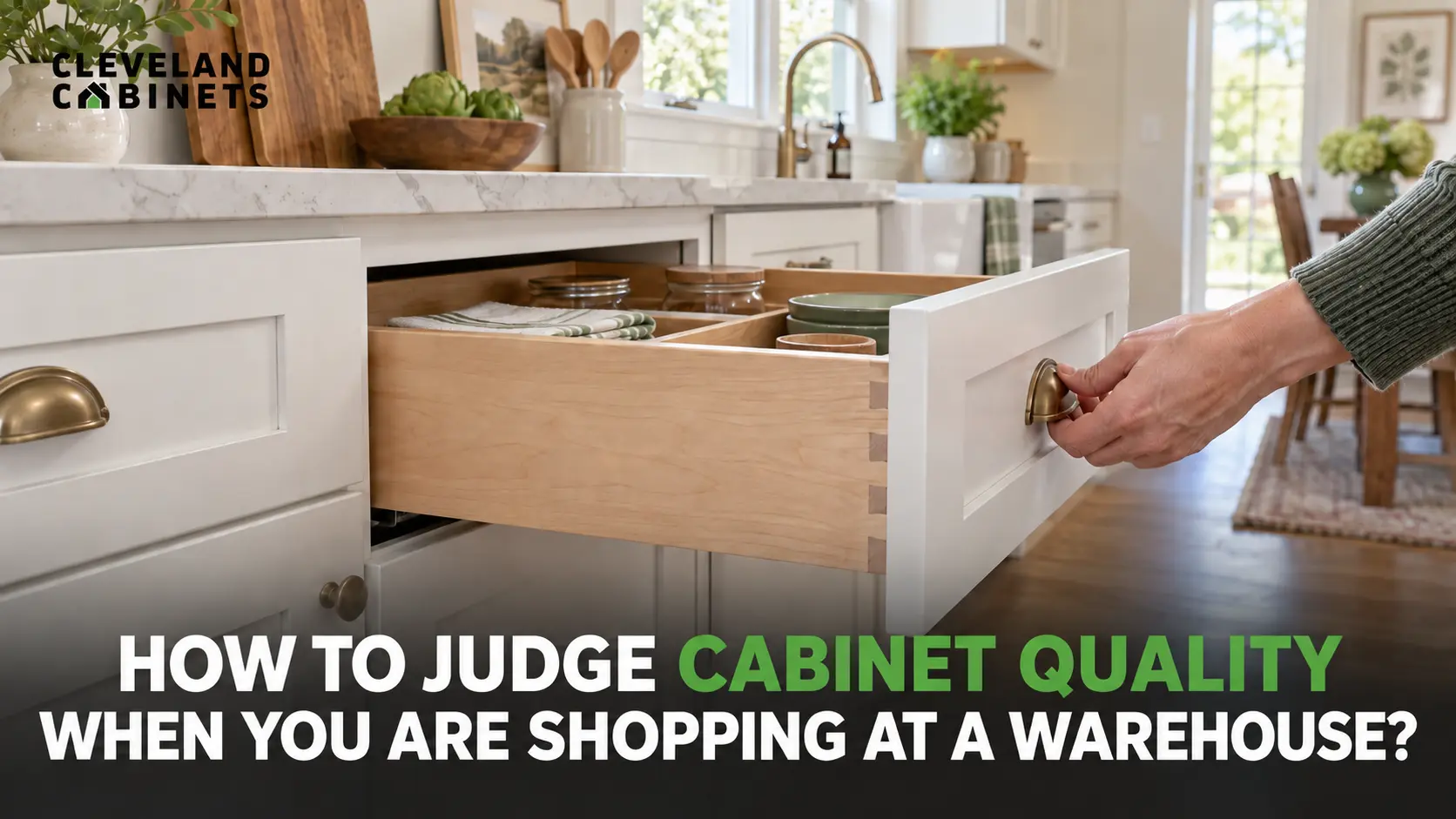 Homeowner inspecting cabinet drawer construction at a cabinet warehouse in Kamm's Corners, Cleveland