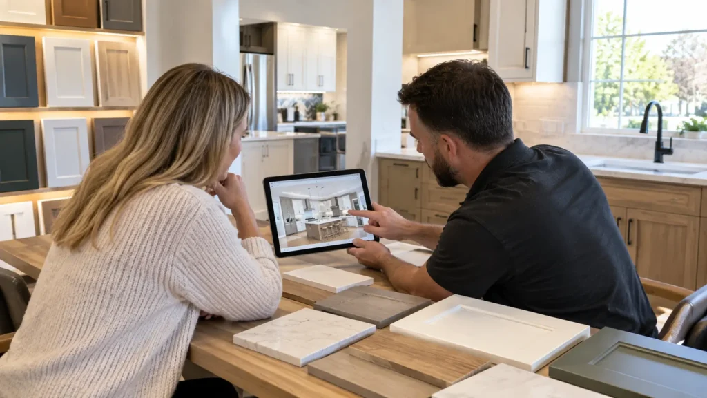 Homeowner and designer reviewing custom kitchen cabinet plans at the Fairview Park showroom near Cleveland