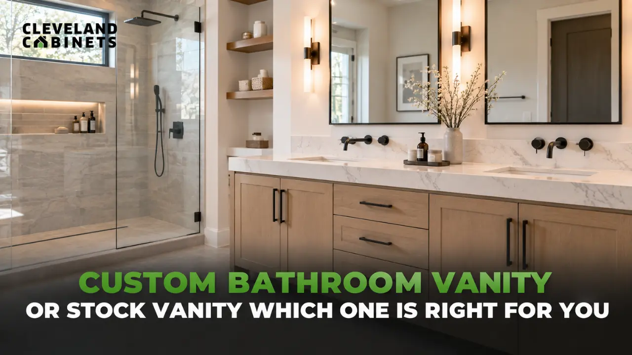 Photorealistic interior photograph of a warm, light-filled bathroom featuring a custom white vanity with wood and green accents, designed by Cleveland Cabinets.
