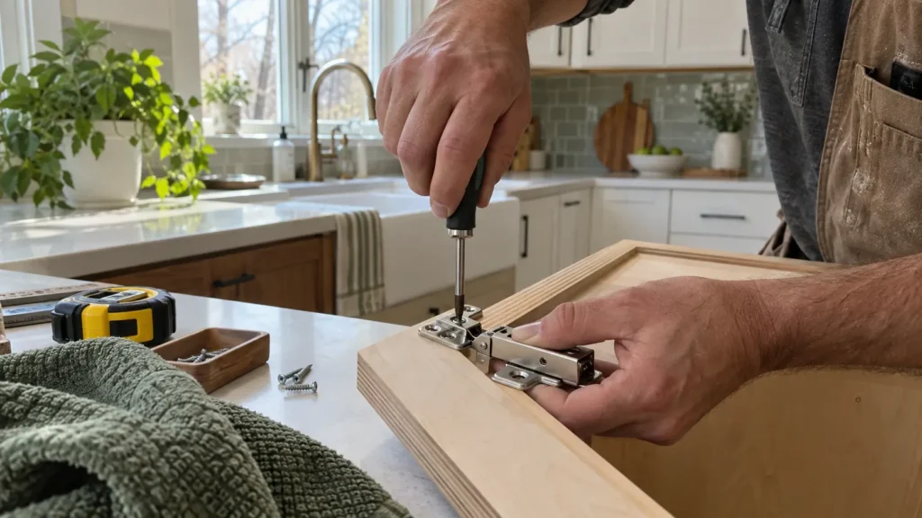 Craftsman installing a soft close hinge during kitchen cabinet installation in Cleveland, Ohio